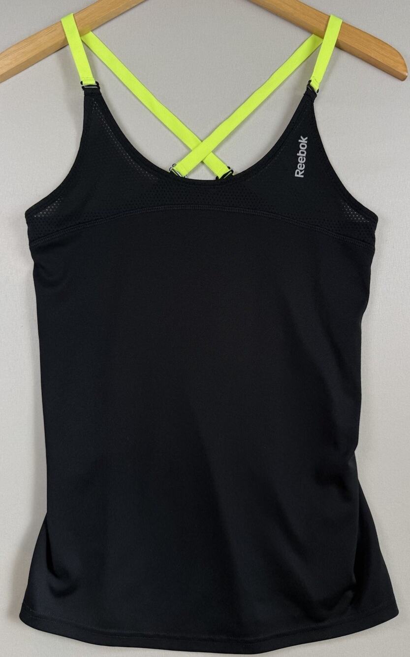 Reebok PlayDry Tank Top Womens Small Black Neon Yellow Strappy Athletic Workout